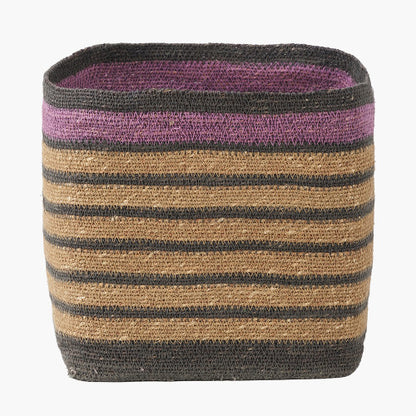 Lilac and Grey Striped Seagrass Natural Square Basket - W30xD30xH30cm