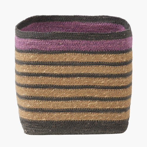 Lilac and Grey Striped Seagrass Natural Square Basket - W30xD30xH30cm