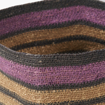 Lilac and Grey Striped Seagrass Natural Square Basket - W30xD30xH30cm