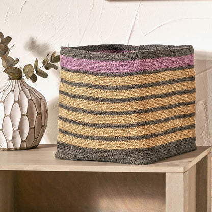 Lilac and Grey Striped Seagrass Natural Square Basket - W30xD30xH30cm