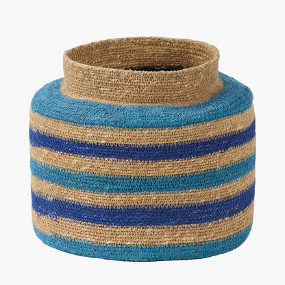 Seagrass Blue & Turquoise Stripe Storage Basket – Handwoven Coastal Round Plant Holder W26×D26×H23cm