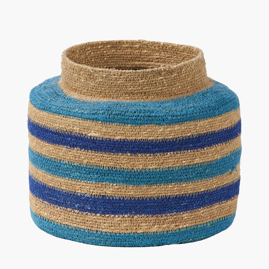 Seagrass Blue & Turquoise Stripe Storage Basket – Handwoven Coastal Round Plant Holder W26×D26×H23cm