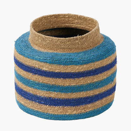 Seagrass Blue & Turquoise Stripe Storage Basket – Handwoven Coastal Round Plant Holder W26×D26×H23cm