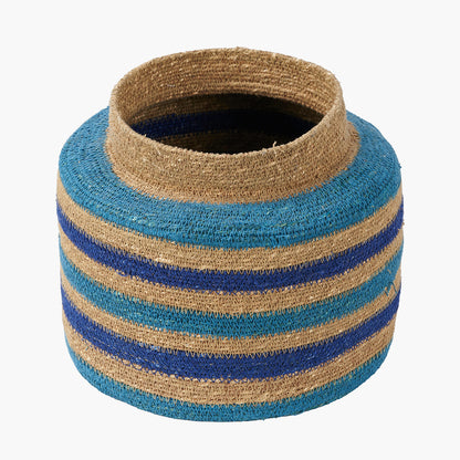 Seagrass Blue & Turquoise Stripe Storage Basket – Handwoven Coastal Round Plant Holder W26×D26×H23cm