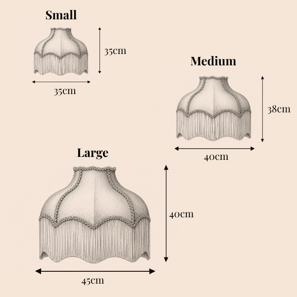 Illustrations of three lampshade sizes with measurements on a beige background