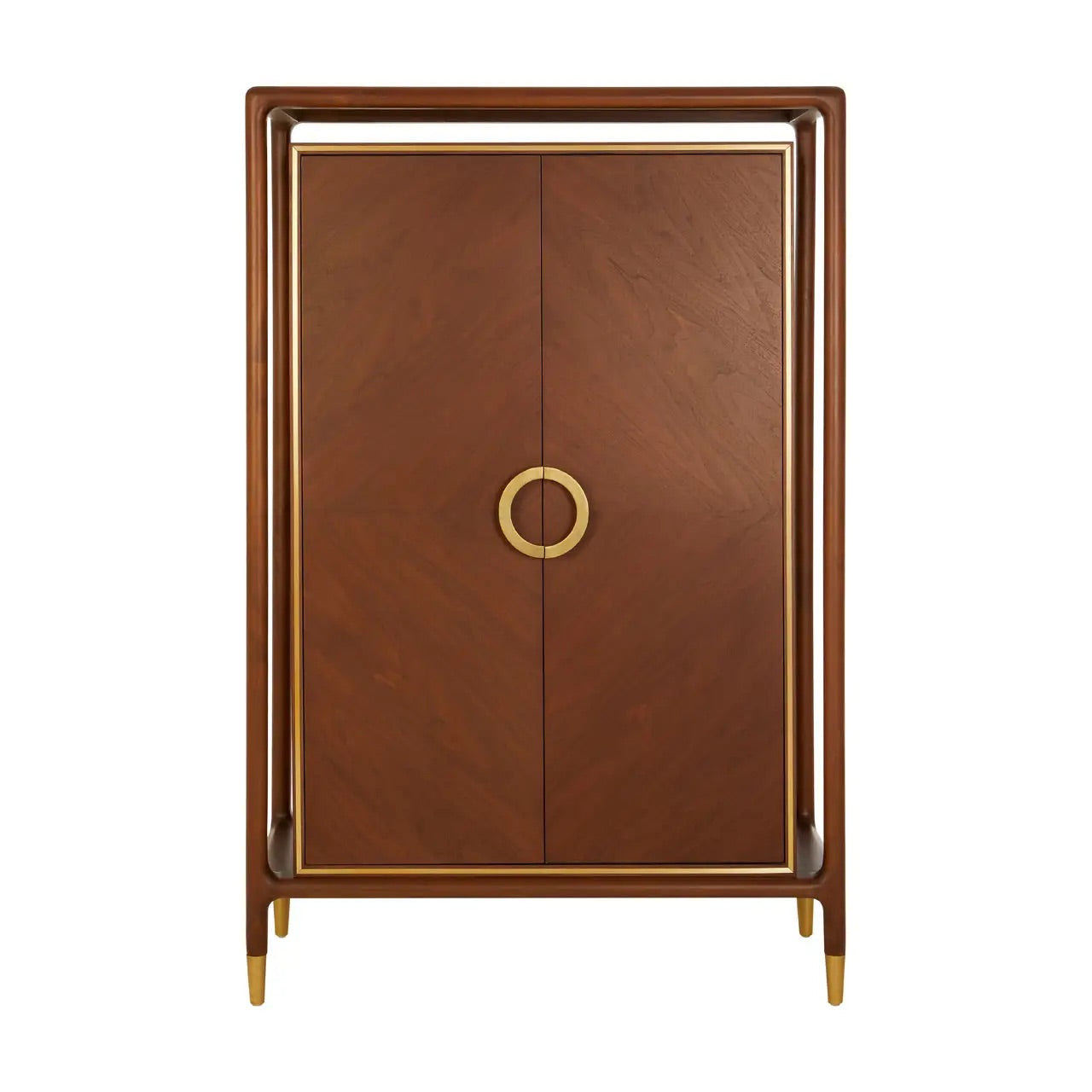 Premium Walnut Wood with elegant brass finishing accents elevate the look with a refined touch.  Full Assembled. The two large doors open with three shelves and two drawers. Shop online today at www.nobleandnook.co.uk