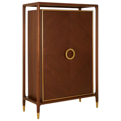 Premium Walnut Wood with elegant brass finishing accents elevate the look with a refined touch.  Full Assembled. The two large doors open with three shelves and two drawers. Shop online today at www.nobleandnook.co.uk