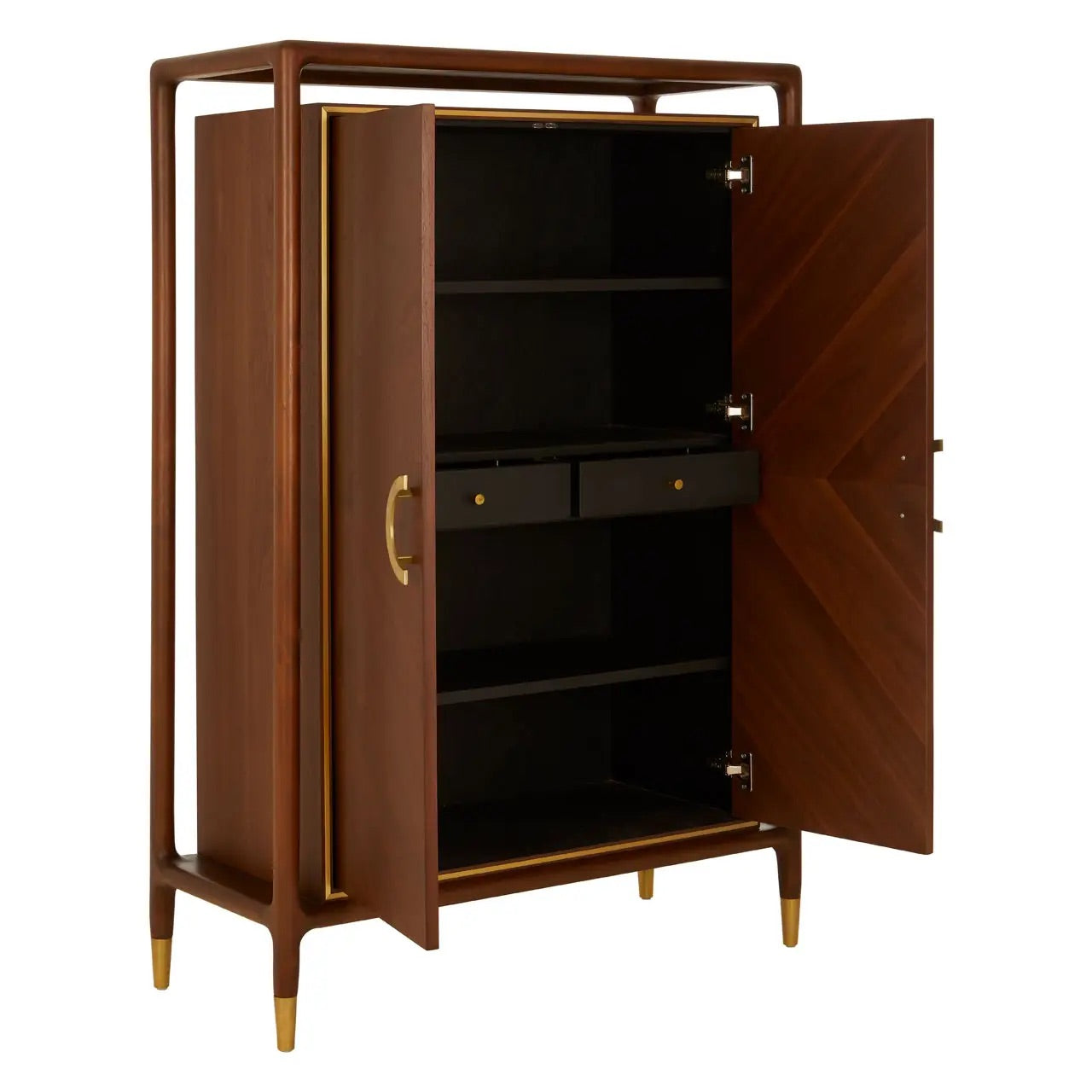Premium Walnut Wood with elegant brass finishing accents elevate the look with a refined touch.  Full Assembled. The two large doors open with three shelves and two drawers. Shop online today at www.nobleandnook.co.uk