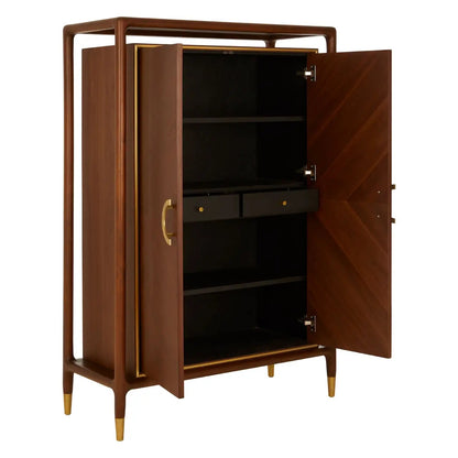 Premium Walnut Wood with elegant brass finishing accents elevate the look with a refined touch.  Full Assembled. The two large doors open with three shelves and two drawers. Shop online today at www.nobleandnook.co.uk