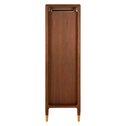 Premium Walnut Wood with elegant brass finishing accents elevate the look with a refined touch.  Full Assembled. The two large doors open with three shelves and two drawers. Shop online today at www.nobleandnook.co.uk