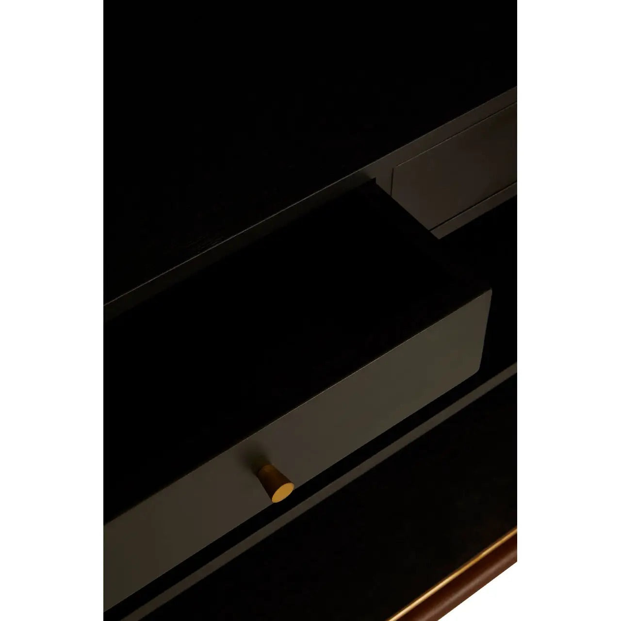Premium Walnut Wood with elegant brass finishing accents elevate the look with a refined touch.  Full Assembled. The two large doors open with three shelves and two drawers. Shop online today at www.nobleandnook.co.uk