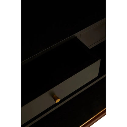 Premium Walnut Wood with elegant brass finishing accents elevate the look with a refined touch.  Full Assembled. The two large doors open with three shelves and two drawers. Shop online today at www.nobleandnook.co.uk
