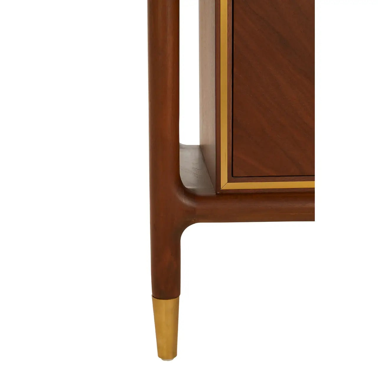Premium Walnut Wood with elegant brass finishing accents elevate the look with a refined touch.  Full Assembled. The two large doors open with three shelves and two drawers. Shop online today at www.nobleandnook.co.uk