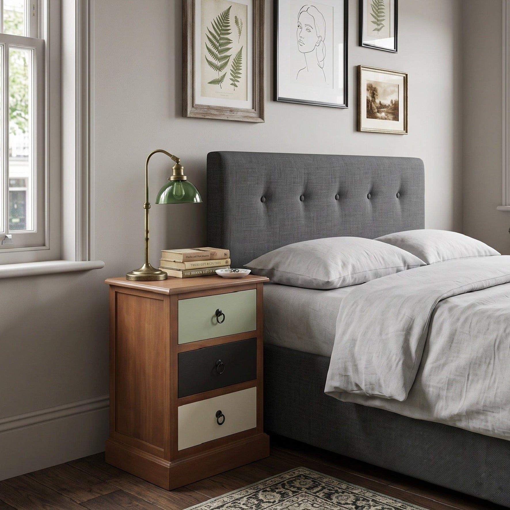 A wooden nightstand with three drawers in sage green, black, and cream, styled next to a gray tufted bed in a bedroom setting.
