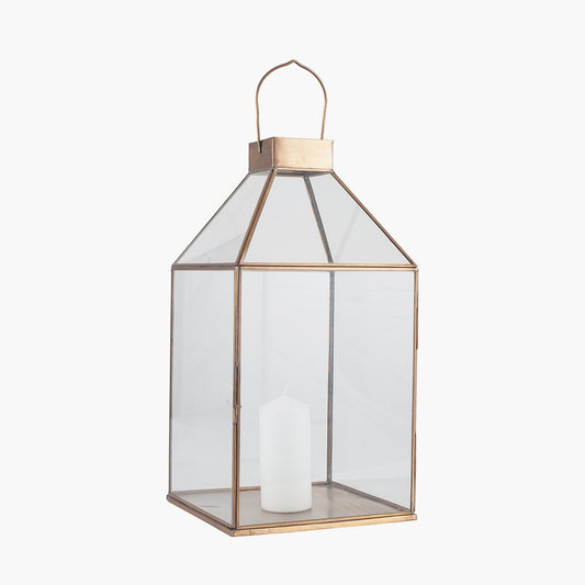 Shiny Brass Metal and Glass Square Lantern – Modern Candle Holder for Ambient Home Lighting