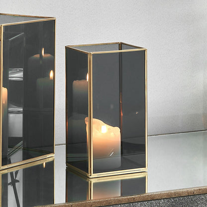 Brass Metal and Smoked Glass Panelled Square Hurricane Medium – Elegant Modern Lantern