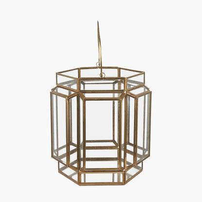 Shiny Brass Metal and Glass Hexagon Wide Lantern – Modern Decorative Home Accent