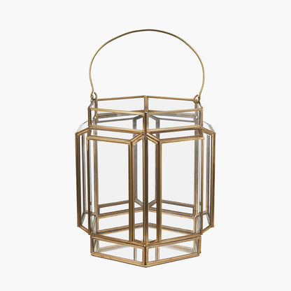 Shiny Brass Metal and Glass Hexagon Wide Lantern – Modern Decorative Home Accent