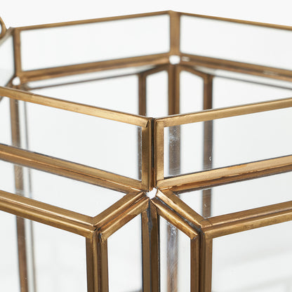 Shiny Brass Metal and Glass Hexagon Wide Lantern – Modern Decorative Home Accent