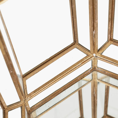 Shiny Brass Metal and Glass Hexagon Wide Lantern – Modern Decorative Home Accent
