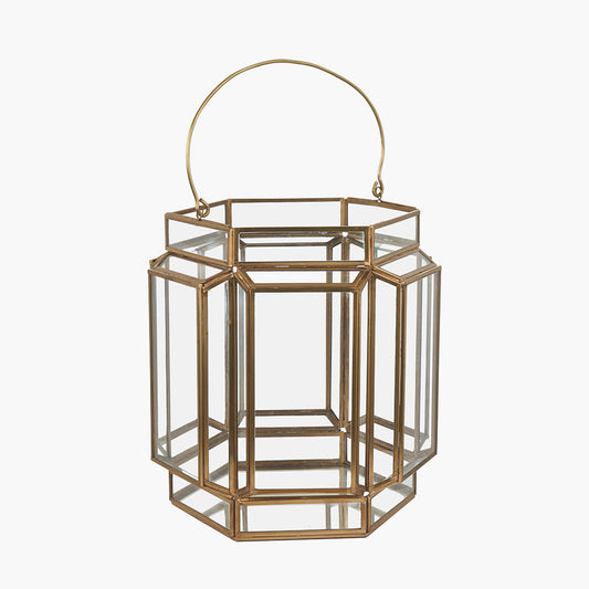 Shiny Brass Metal and Glass Hexagon Wide Lantern – Modern Decorative Home Accent