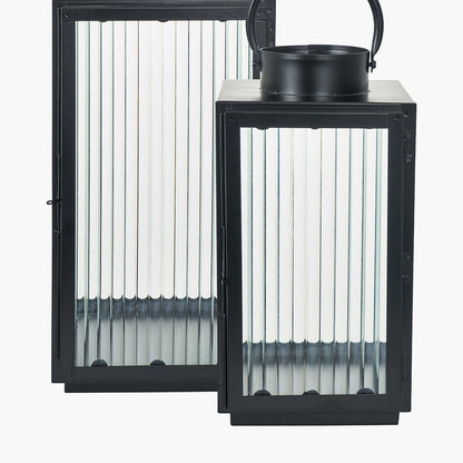 Set of 2 Black Metal and Ribbed Glass Lanterns – Modern Candle Holders for UK Homes