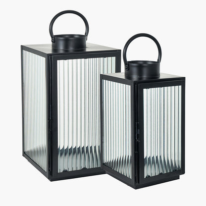 Set of 2 Black Metal and Ribbed Glass Lanterns – Modern Candle Holders for UK Homes