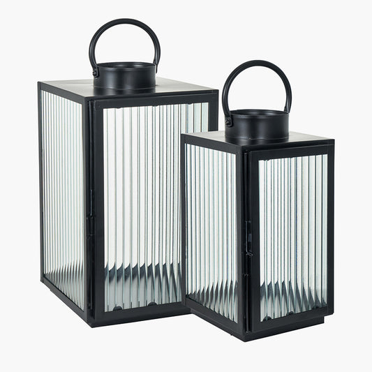 Set of 2 Black Metal and Ribbed Glass Lanterns – Modern Candle Holders for UK Homes