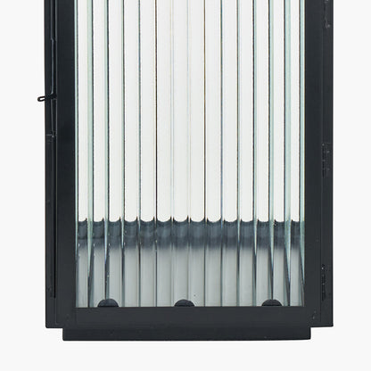 Set of 2 Black Metal and Ribbed Glass Lanterns – Modern Candle Holders for UK Homes