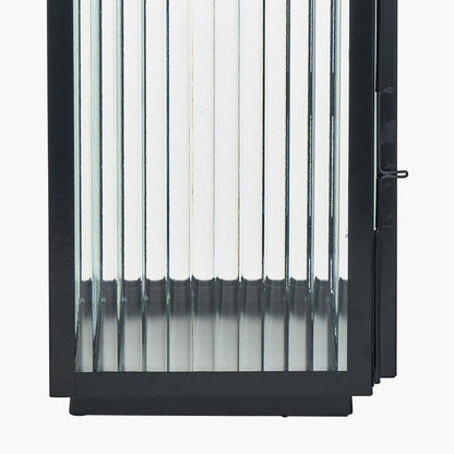 Set of 2 Black Metal and Ribbed Glass Lanterns – Modern Candle Holders for UK Homes