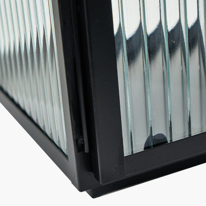 Set of 2 Black Metal and Ribbed Glass Lanterns – Modern Candle Holders for UK Homes
