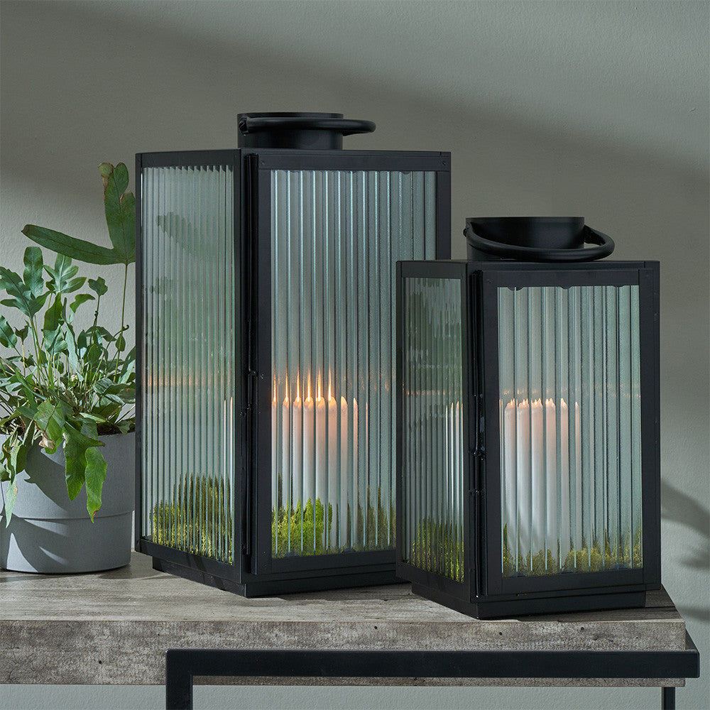 Set of 2 Black Metal and Ribbed Glass Lanterns – Modern Candle Holders for UK Homes