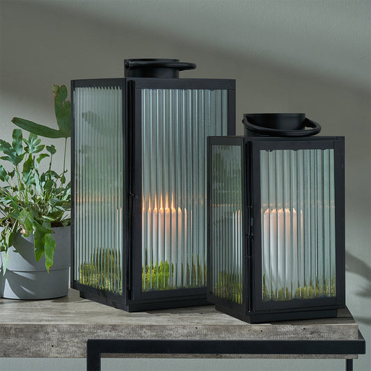 Set of 2 Black Metal and Ribbed Glass Lanterns