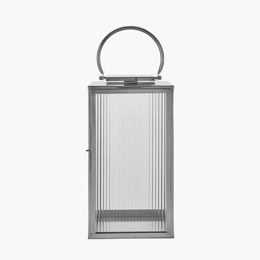 Silver Metal and Ribbed Glass Lantern Large – Contemporary Glamour for Your Home