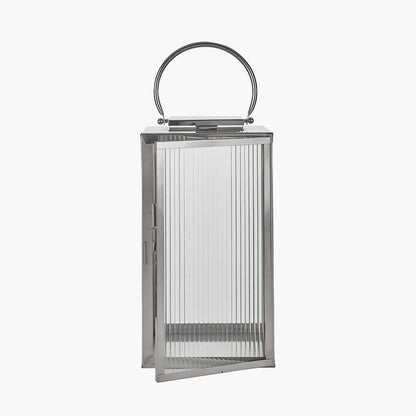 Silver Metal and Ribbed Glass Lantern Large – Contemporary Glamour for Your Home