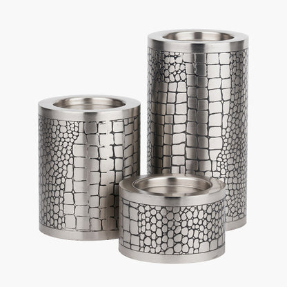 Set of 3 Antique Silver Croc Print Metal Pillar Candle Holders – Luxury Candle Stands