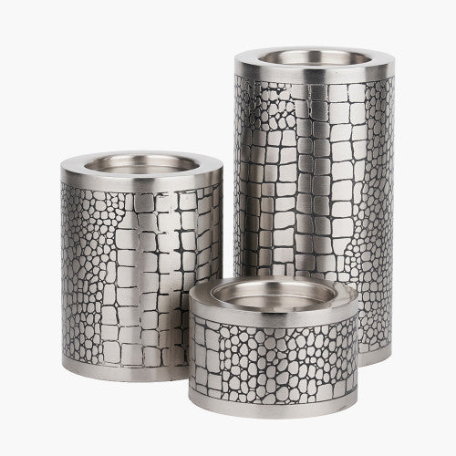 Set of 3 Antique Silver Croc Print Metal Pillar Candle Holders – Luxury Candle Stands