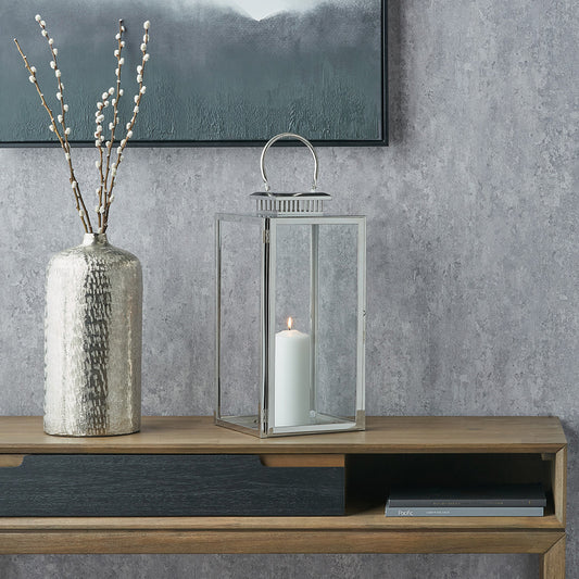 Silver Stainless Steel and Glass Large Rectangular Lantern