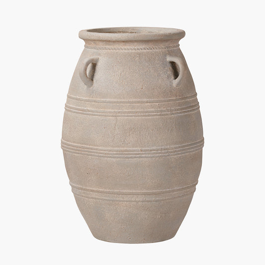 Grey Wash Fibrestone Large Decorative Vase with Handles – Ribbed Statement Floor Vase