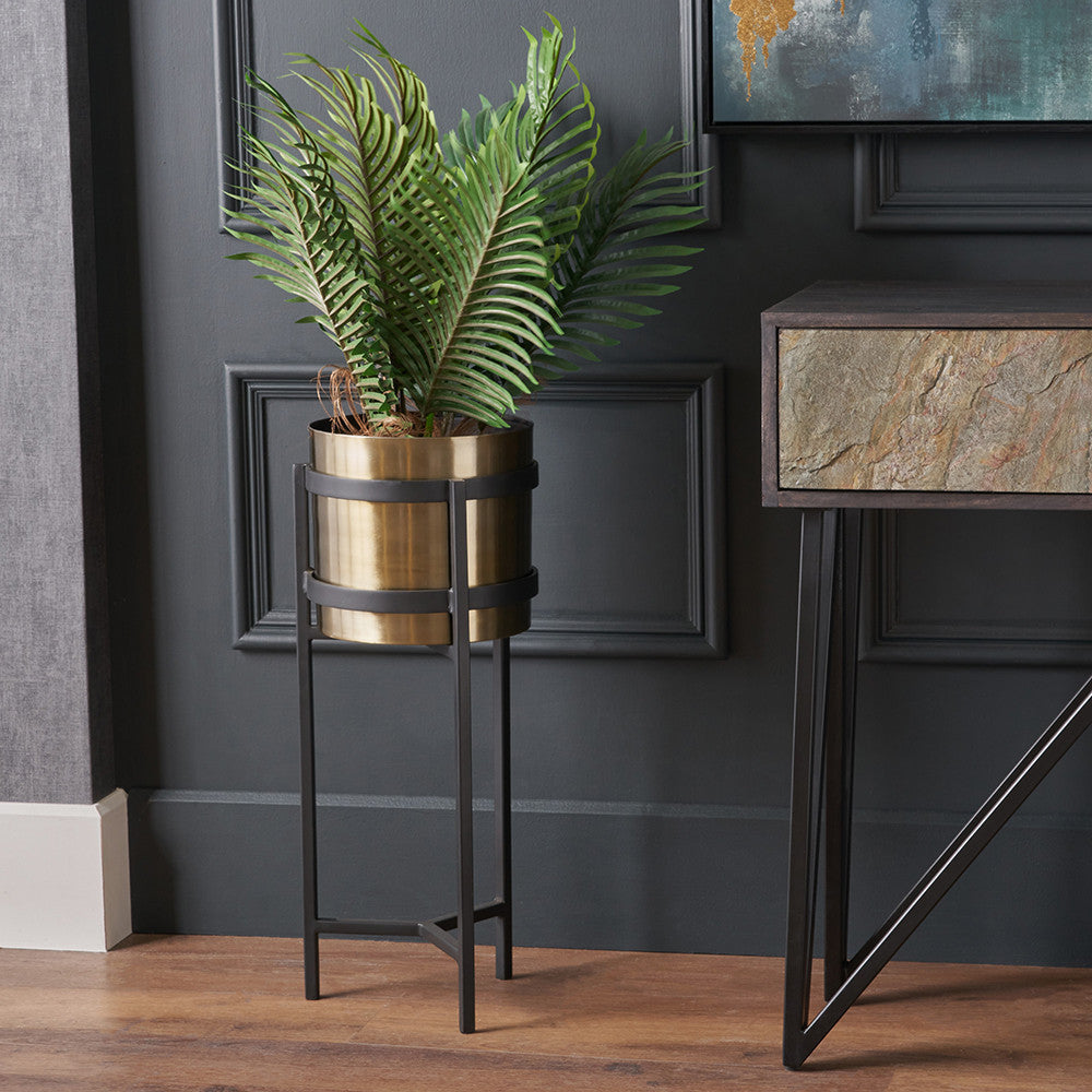 Large Brass and Matt Black Metal Floor Planter – Handcrafted Modern Plant Stand for Stylish UK Homes
