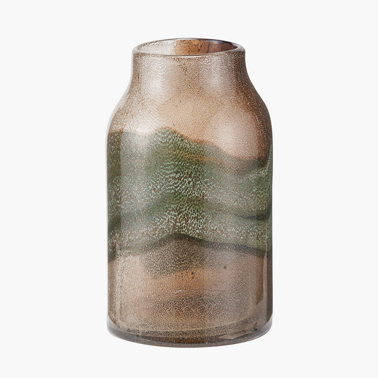 Hand-Blown Valtellina Brown and Green Glass Vase with Bubble Finish