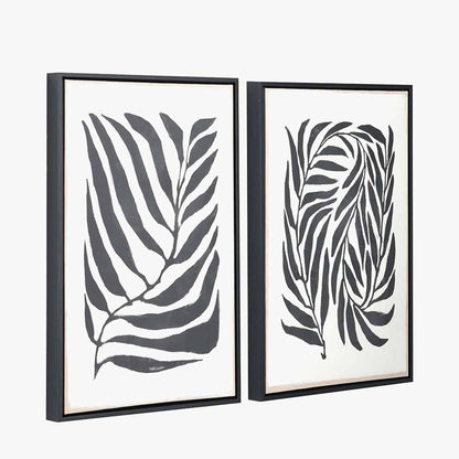 Set of 2 Monochrome Black Leaf Print Canvases with Black Frames
