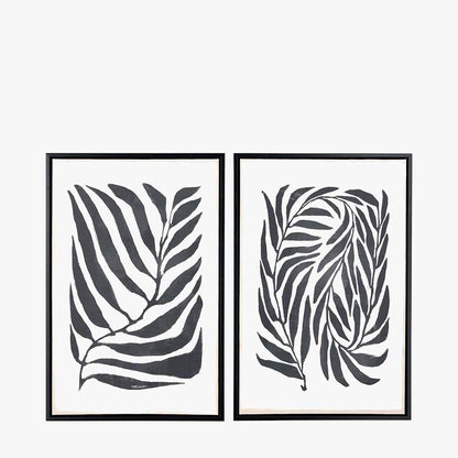 Set of 2 Monochrome Black Leaf Print Canvases with Black Frames