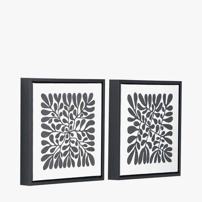 Set of 2 Black Leaf Print Square Canvases with Black Frames
