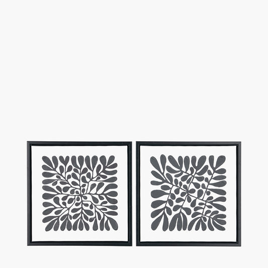 Set of 2 Black Leaf Print Square Canvases with Black Frames