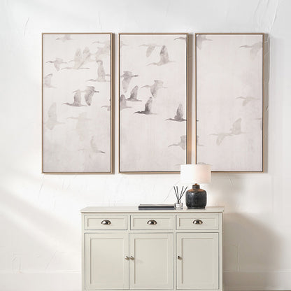 Set of 3 Natural and White Birds Canvases with Natural Frames