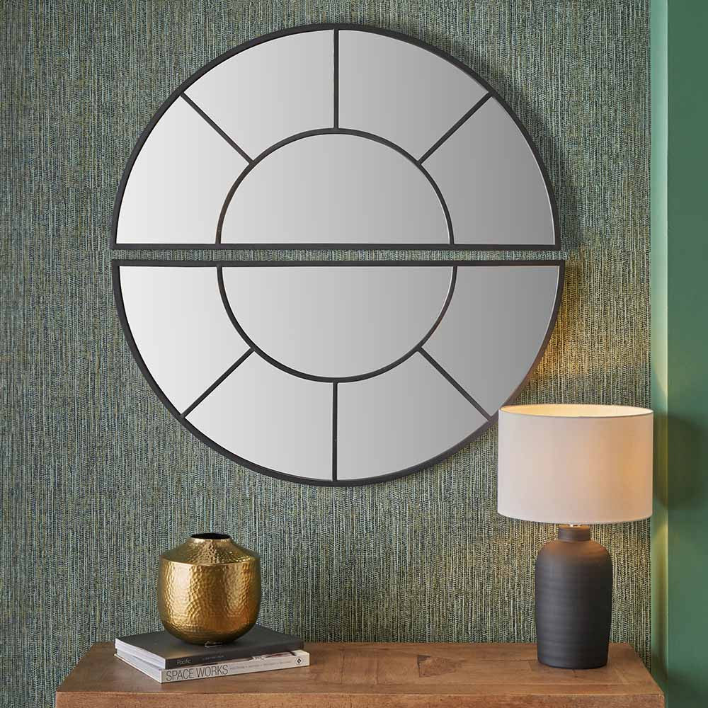 Black Metal 2 Half Moon Section Wall Mirror – 92cm Modern Round Industrial Statement Mirror