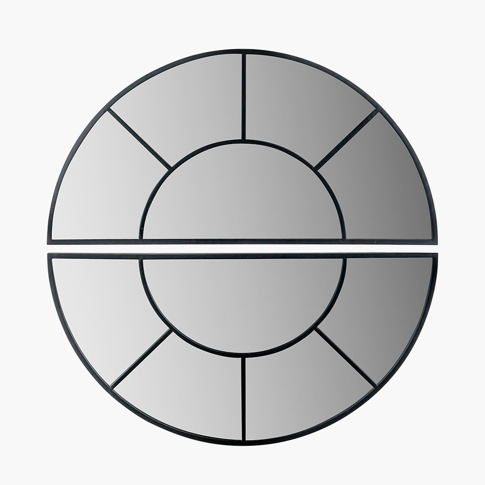 Black Metal 2 Half Moon Section Wall Mirror – 92cm Modern Round Industrial Statement Mirror