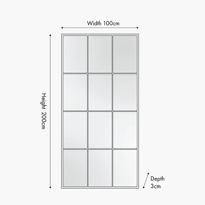 Dark Grey Metal 12 Section Floor Mirror – 200cm Industrial Window Style Leaner Mirror