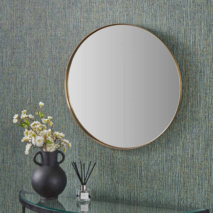 Brushed Gold Metal Slim Frame Round Wall Mirror Small – Modern Luxe Design